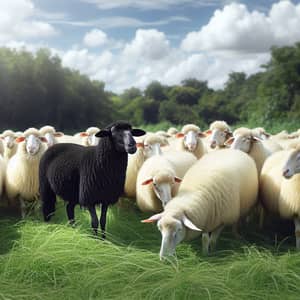Black Sheep in Group of White Sheep | Stand Out in Scenic Pasture