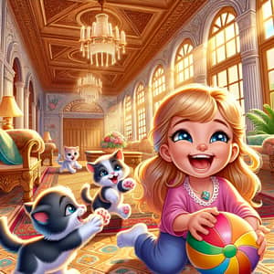 Cartoon Girl Playing with 3 Kittens in Luxurious Bungalow
