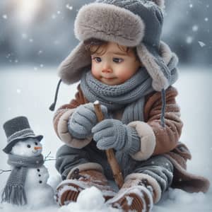 Delightful Mixed-Race Boy Creates Snowman in Wintertime Scene