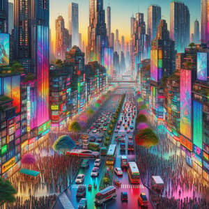 Vibrant Cityscape: Multicolored Skyscrapers & Lively Streets