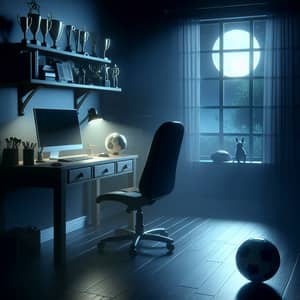 Tranquil Nighttime Room with Computer Desk & Soccer Ball