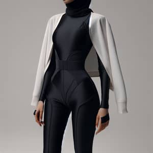 Futuristic Middle-Eastern Woman in Stylish Black Bodysuit and White Bolero Jacket
