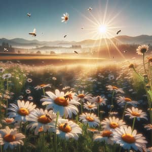 Blooming Daisies: Serene Morning Landscape with Bees and Mountains