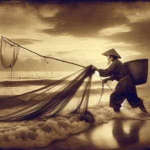 Fishermen Casting Nets at Riverbank, Sunset Silhouette, AI Art Generator