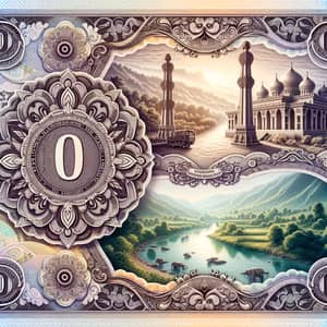 Detailed Currency Note Design with Historical Monument and Scenic Landscape