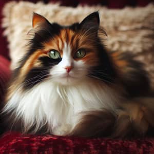 Calico Cat with Long Fluffy Fur and Emerald Green Eyes