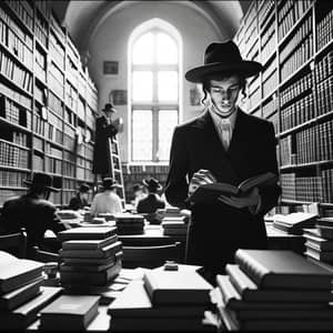 Young Jewish Man Studying in Library - Captured in Black and White