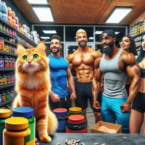 Curious Cat Observing Diverse Bodybuilders in Store