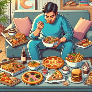 South Asian Person Enjoying Variety of Foods in Cozy Living Room