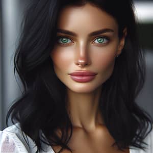 Captivating Woman with Green Eyes and Black Hair | Serene Expression