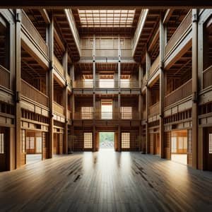 Tranquil Two-Story Wooden Building with Balcony View