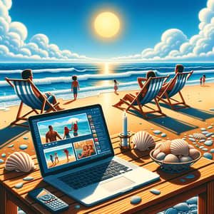 Beach Scene: Laptop Ads, Family Fun & Serene Waves