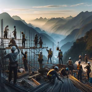 Diverse Construction Workers Amidst Scenic Mountain Ranges