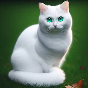 Graceful White Cat with Emerald Eyes on Green Lawn
