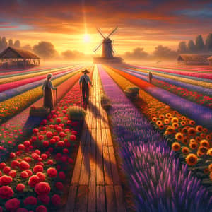 Scenic Flower Farm at Sunset with Colorful Blooms and Farmers