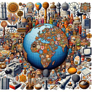 Globalization Collage: Culture, Religion, Media & Technology Elements