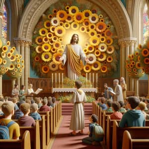 Animated Jesus Praying and Talking with Young People in Sunflower-Adorned Church