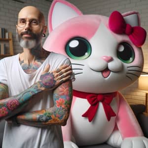 Middle-Aged Man with Glasses and Tattoo Standing by Cartoon Cat Plush Toy