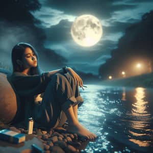 Serenely Flowing River Night Scene: South Asian Teenage Girl Under Moonlight