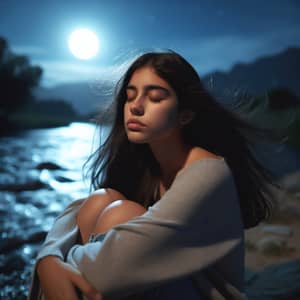 Tranquil Moonlit Night: Hispanic Girl by the River