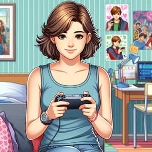 Teenage Girl Playing Handheld Video Game in Colorful Room