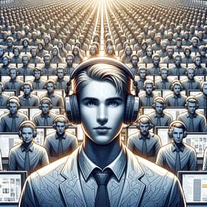 Computer Characters Arranged Around a Young Man in Headphones