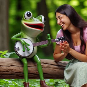 Whimsical Frog Plays Banjo with Hispanic Woman in Forest