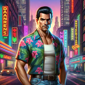 Retro Video Game Character in Vibrant City | Caucasian Man in Hawaiian Shirt & Denim Jeans