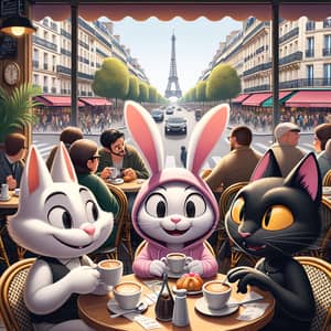 Paris Café with Cartoon Characters | Lively Scene with Eiffel Tower