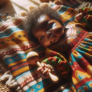 Adorable African Baby in Traditional Clothing with Wooden Rattle