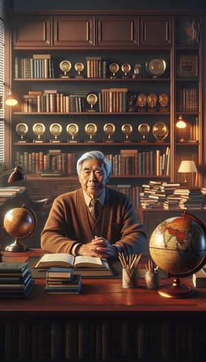 Senior Asian Man in Study: Achievements, Wisdom & Education
