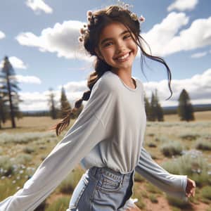 Cheerful Middle Eastern Girl Twirling in Wildflower Field