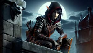 Half-Elf Rogue Perched on Moonlit Rooftop | RPG Character Art