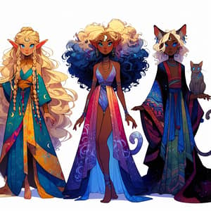 Unique Trio of Characters: Half-Elf Moon Druid, Magic-Wielding Women, Mystical Creature