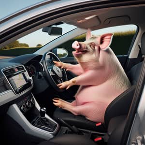 Humorous Image of Pink Pig Driving Silver Skoda Octavia