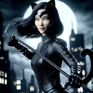 Mysterious Catwoman in Moonlit Urban Landscape