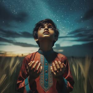 Serene South Asian Boy Communicating with God Under Starlit Sky