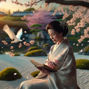 Tranquil East Asian Woman Reading Under Cherry Blossom Tree