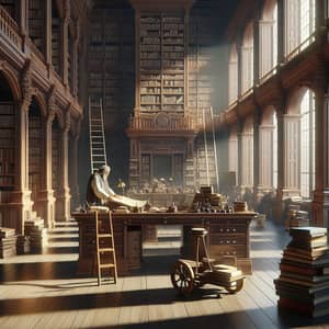 Realistic Library Scene with Mahogany Shelves and Ancient Scrolls