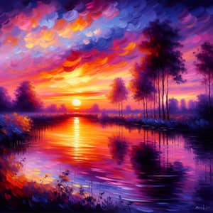 Peaceful Sunset Impressionism Scene - Shades of Orange, Pink, Purple