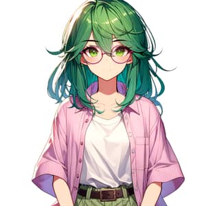 HD Anime Style Girl with Green Hair in Pink Glasses
