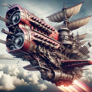 Flying Steampunk Ship with Side Guns and Powerful Engine
