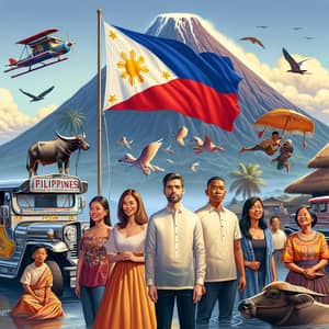 Philippine Cultural Unity: Nationalism Image with Flag, Jeepney, Carabao & Mayon Volcano