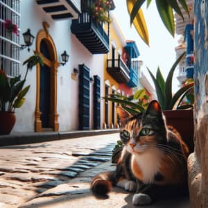 Calico Cat in Cartagena - Colonial Architecture Scene