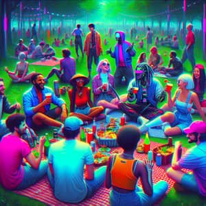 Diverse Group Enjoying Cyberpunk Picnic in Neon Park Atmosphere