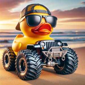Cool Rubber Duck with Sunglasses on Beach at Sunset