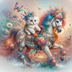 Whimsical Cat Riding Pony Fantasy Painting with Vibrant Hues