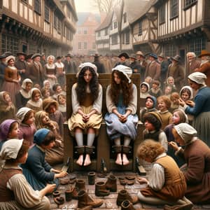 Historical Scene of Accused Witches in 1700s Town Stocks