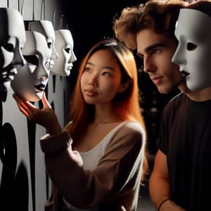 Young Adult Asian Woman & Hispanic Man Choosing Intricate White Masks
