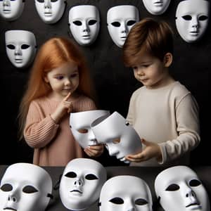 Orange Hair Girl and Boy Choosing White Masks on Black Background